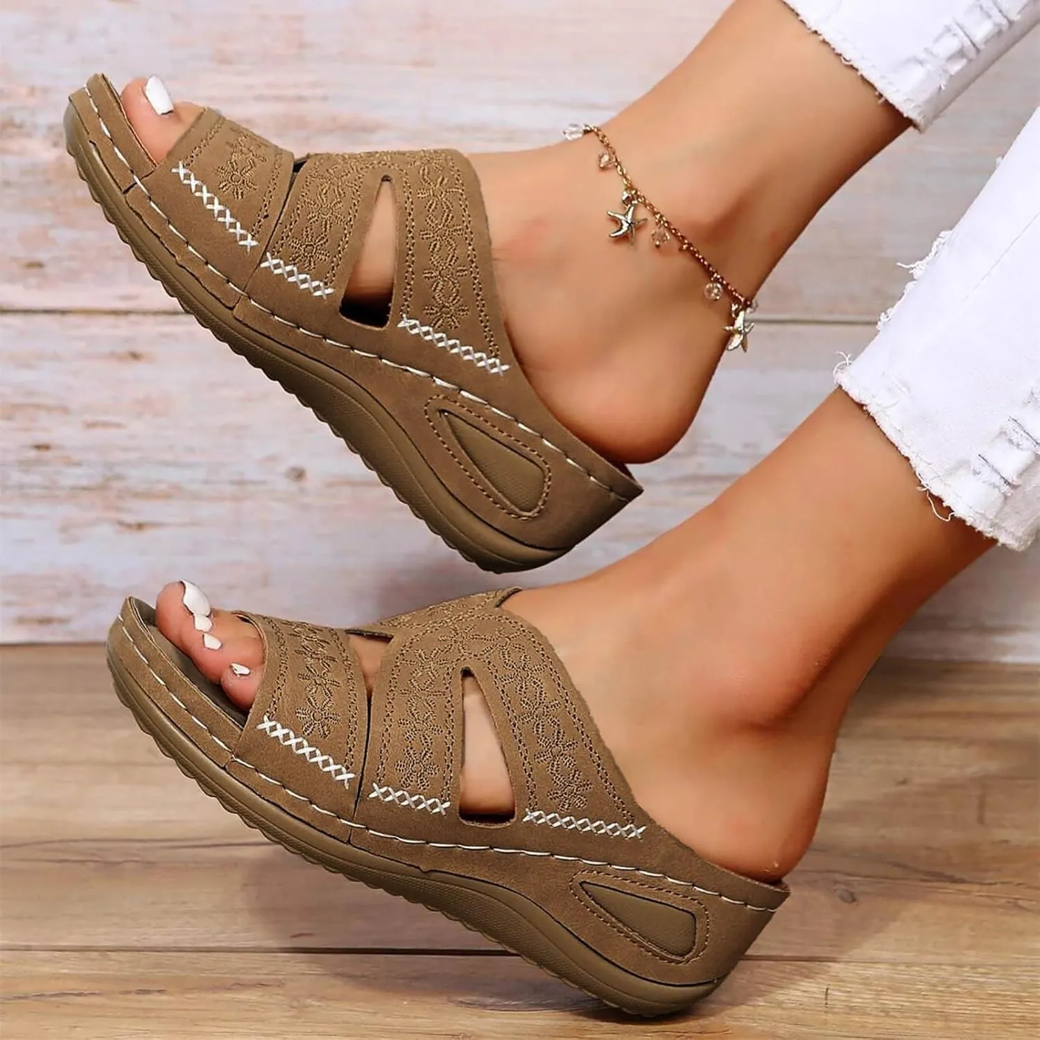 ZSpzx Sandals For Women 2025,Orthopedic Wedge Platform Sandals Comfortable Dressy Summer Hollow Out Open Toe Slippers Flat Casual Boho Slip on Beach Sandals Outdoor Walking Shoes for Travel