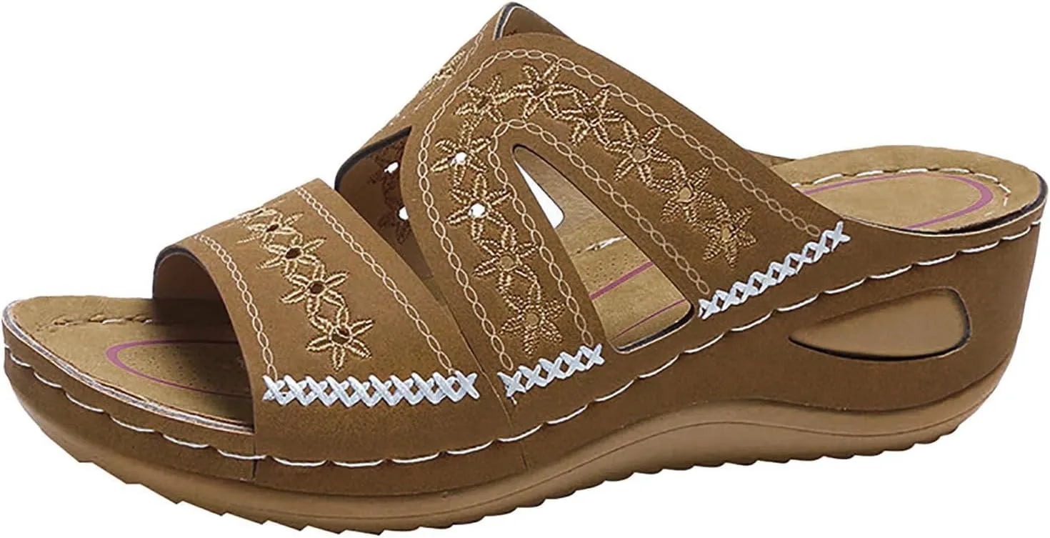 ZSpzx Sandals For Women 2025,Orthopedic Wedge Platform Sandals Comfortable Dressy Summer Hollow Out Open Toe Slippers Flat Casual Boho Slip on Beach Sandals Outdoor Walking Shoes for Travel